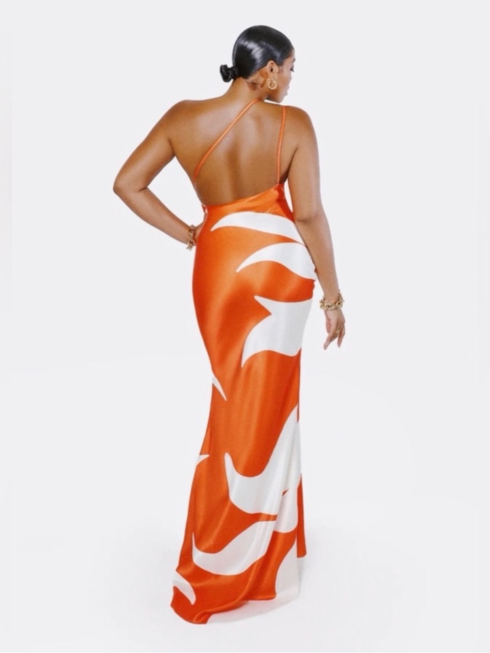 Hanifa Orange and White One-Shoulder Slip Gown - Picture 2 of 4